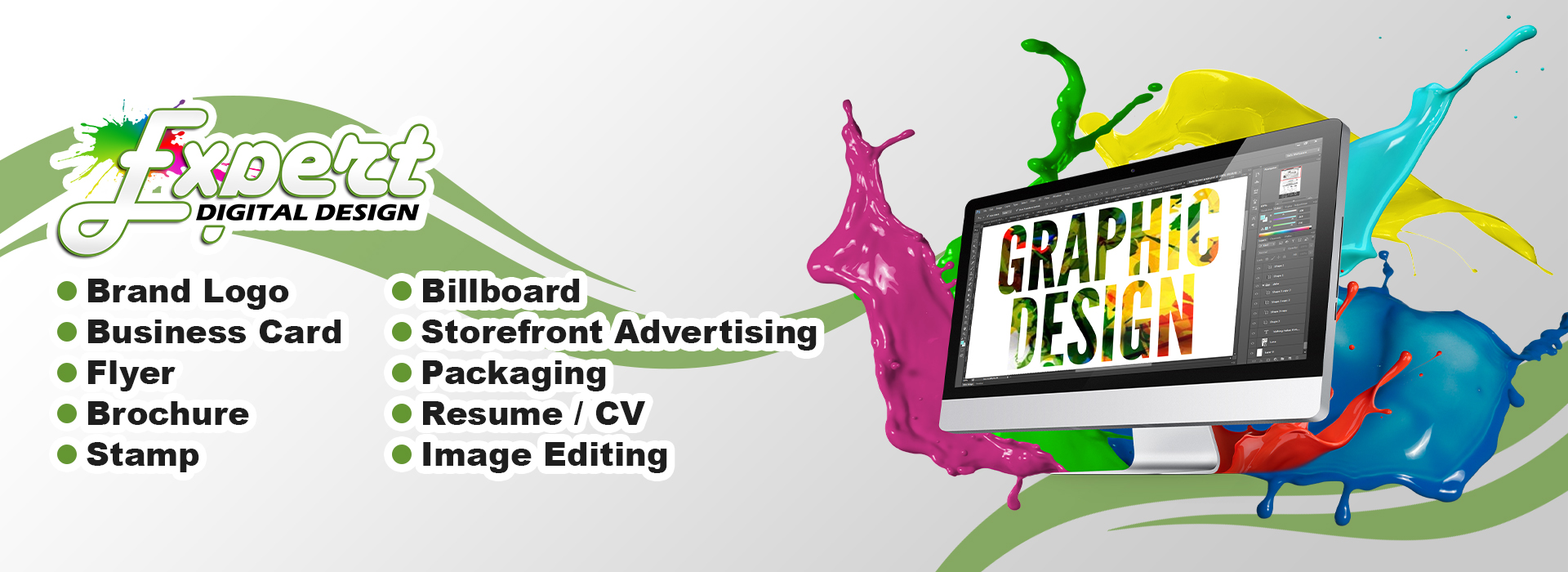 Expert Digital Design Graphic Design business service offers Brand Logo, Business Card, Flyer, Brochure, Stamp, Billboard, Storefront Advertising, Packaging, Resume / CV, and Image Editing
