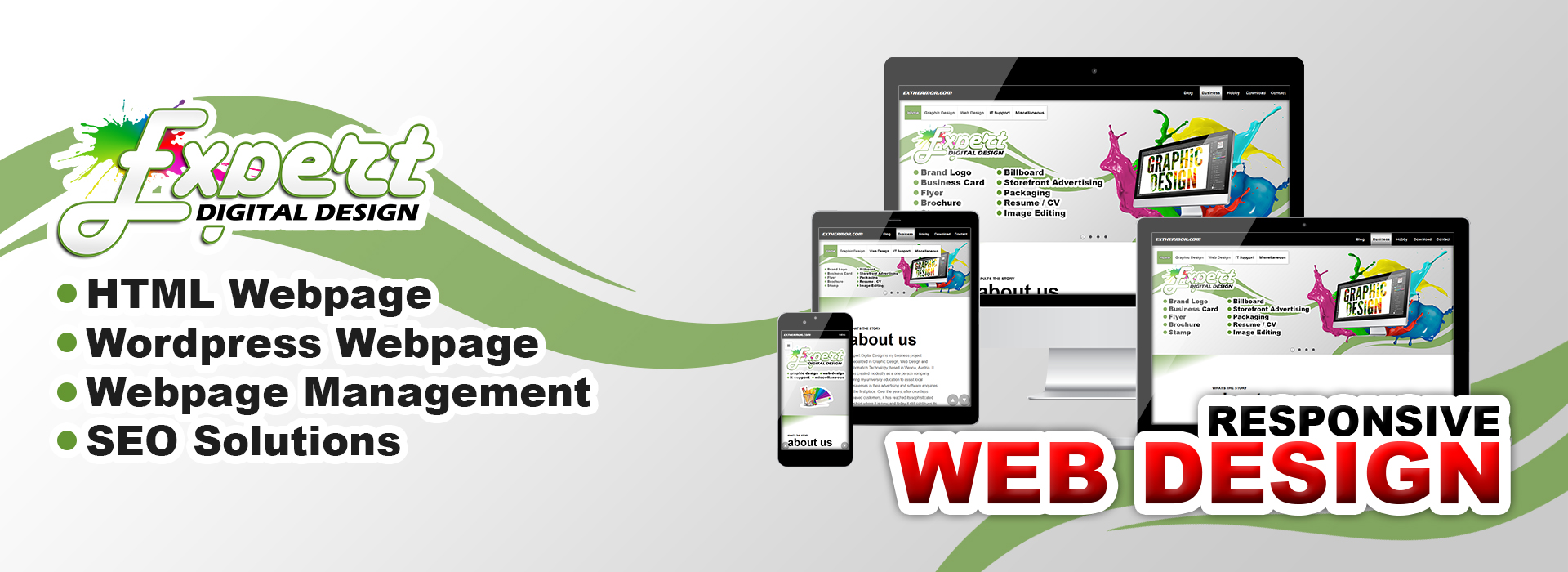Expert Digital Design Web Design business service offers HTML Webpage, Wordpress Webpage, Webpage Management, and SEO Solutions
