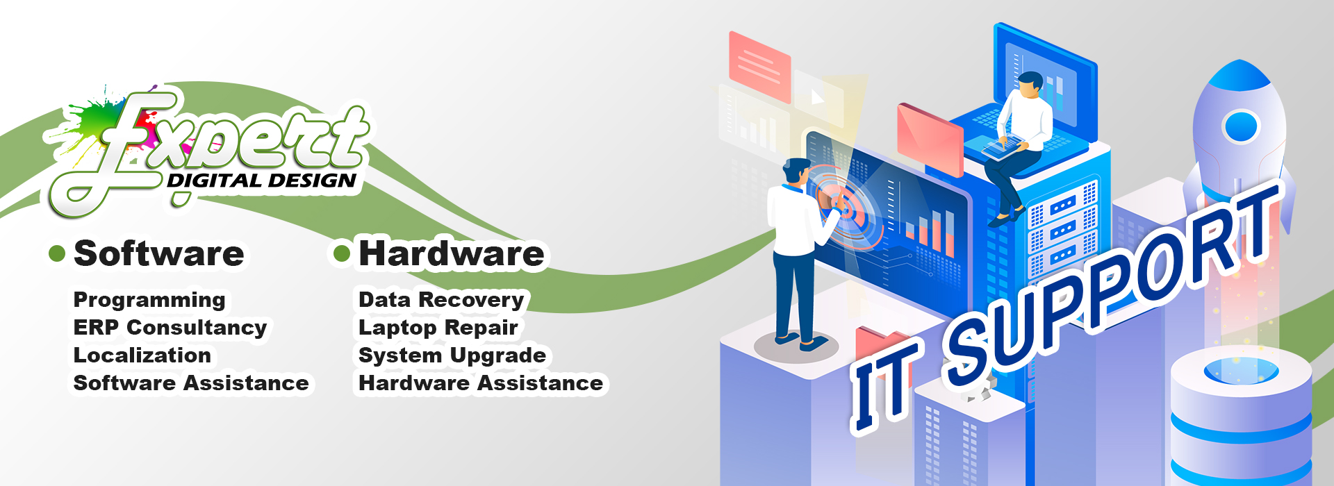 Expert Digital Design IT Support business service offers Software, Hardware, Programming, ERP Consultancy, Localization, Software Assistance, Data Recovery, Laptop Repair, System Upgrade, and Hardware Assistance
